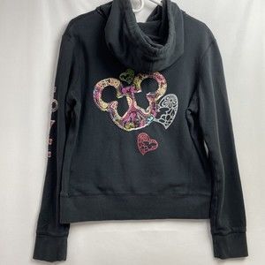 Disney Parks Hoodie Womens Large Full Zip Mickey Mouse Peace Applique Black